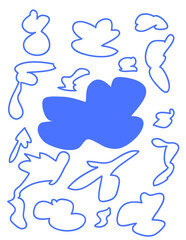 Collection of blue abstract organic blob shapes featuring outlines and one solid fill on white background suitable for modern pattern design and creative graphic elements
