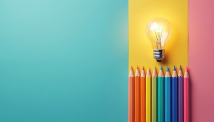Light bulb lights up above colorful pencils arranged on yellow background. Idea generation concept, creative process visual, innovation inspiration, new beginnings, artistic tools.