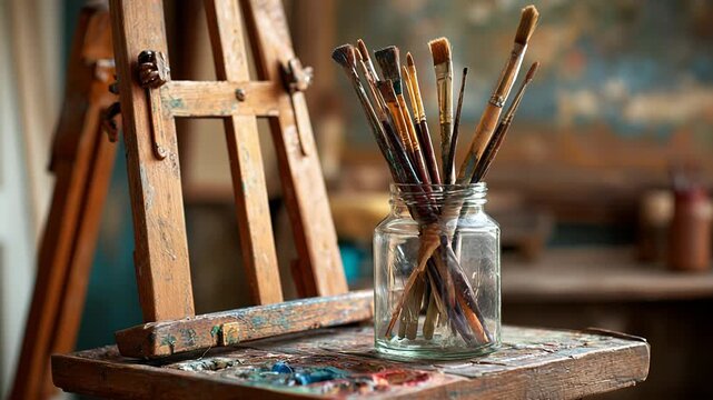 Artist's easel with brushes and paint jar