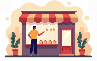 Local business poster. Man standing near window of small business. Entrepreneur with store or shop. Commerce and entrepreneurship. Landing page design. Flat vector illustration. High quality