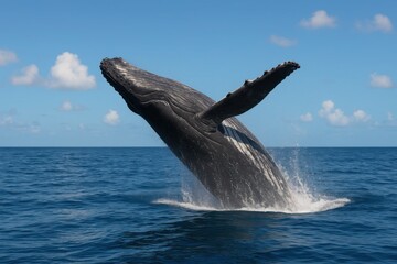 Fototapeta premium Majestic Whale Breach: A awe-inspiring humpback whale surges from the deep blue, creating a mesmerizing spectacle of nature's power. Witness the grace and raw energy.