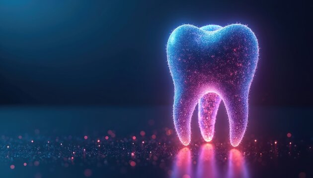 Glowing tooth appears as futuristic digital construct with particles and lights. Represents advanced dental care, oral hygiene, and tech innovations in medicine and science.