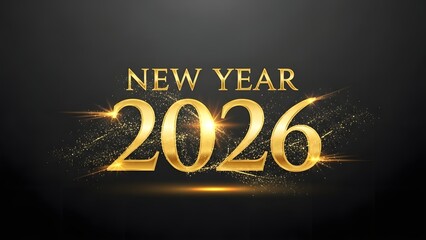 A simple yet elegant greeting image with the golden, embossed text "NEW YEAR 2026" centered on a dark background. The numbers are highlighted with sparkling golden dust, light effects, and glitter tra
