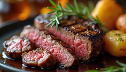 Juicy grilled rib eye steak sliced, served with roasted potatoes and rosemary sprig. Meat is medium rare, tender with charred crust. Perfect for steakhouse menus, gourmet food blogs or recipe content.