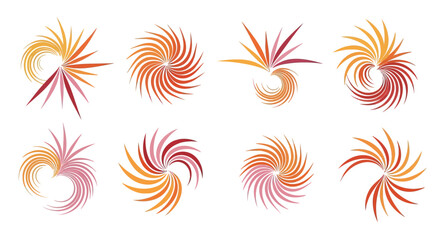 Spiral abstract swirl pattern set with rotating dynamic sunburst shapes for modern decorative design elements.