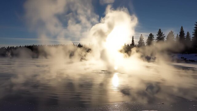 Steam Rises From Winter Lake, Reflections on Water Surface in Yellowstone