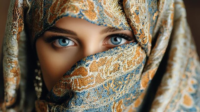 Woman's eyes peeking through patterned scarf