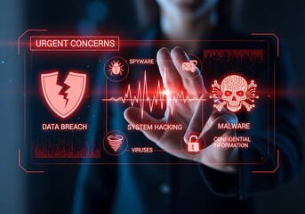 Cybersecurity professional interacts with urgent digital threat warning interface highlighting data breach and malware risks