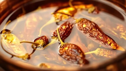 A close-up view of dried red chili peppers submerged in oil within a rustic clay pot, highlighting their rich texture and color, ideal for culinary use or spice-related content