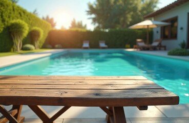 Rustic wooden table by bright blue swimming pool on sunny summer day. Outdoor backyard lounge area with green hedge, lounge chairs, and umbrella. Relaxing vacation vibe.