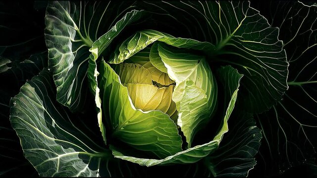 Close-up of fresh green cabbage with detailed textured leaves and natural lighting, organic vegetable background