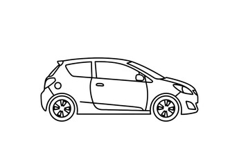 Naklejka premium Clean black-and-white outline illustration of a compact hatchback car ideal for automotive graphic design.