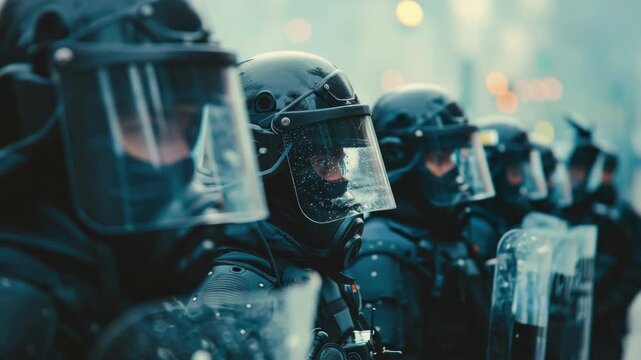 A row of police officers wearing full riot gear and helmets. They appear to be prepared for a situation that may require crowd control or dispersal.