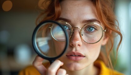 Young woman with red hair and freckles looks through magnifying glass. She wears glasses and yellow top. Focus on her eye and tool. Curiosity and detail observation concept.
