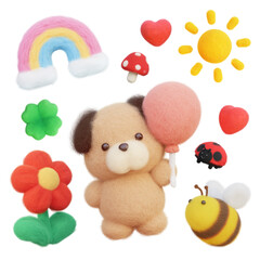 Cute Fluffy puppy with Balloon and Pastel Spring Elements Collection