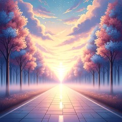 A paved road stretches through a serene, colorful forest, bathed in the warm glow of a sunrise.