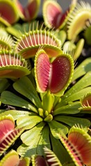 Close-up of Venus flytrap leaves, showcasing vibrant red-pink traps and bright green foliage, detailed texture and dewy surface.