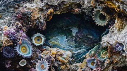 Detail of a rock pool inside a coastal cave, tiny anemones and colourful seaweeds, miniature ecosystem, sharp focus