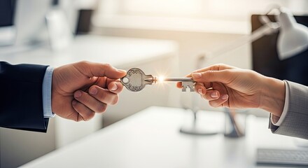 Two hands exchanging keys in an office setting.