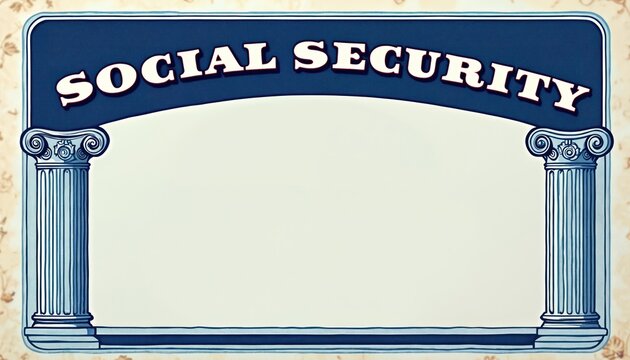 Stylized social security card illustration featuring classic columns and bold text. Blank space for personalization or information. Legalistic, official document graphic.