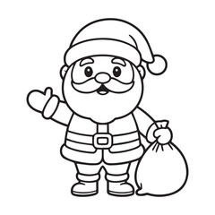 Cartoon line art drawing of santa claus waving and holding a gift bag for christmas