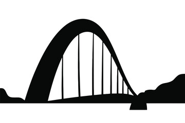 Fototapeta premium Black silhouette of a suspension bridge with arch and cables against a white background vector