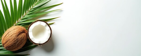 Obraz premium Whole and halved coconut with green palm leaves set against a plain white background. This fresh tropical fruit offers a taste of paradise and wellness.
