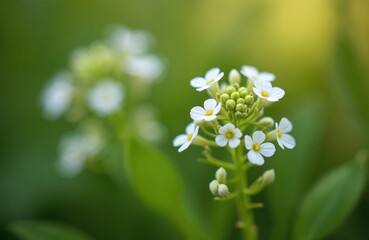 Small white wild radish flowers bloom on green stem. Delicate petals have yellow center. Soft bokeh background blurs into light. Tiny buds cluster on plant.
