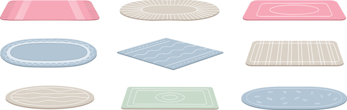 Collection of colorful rug illustrations, minimalist floor mat designs, decorative carpet set, simple home decor elements, oval and rectangular patterned mats