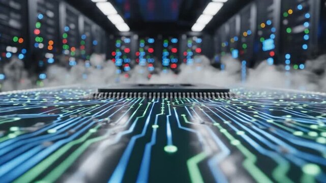 Futuristic Data Center with Circuit Board and Fog.