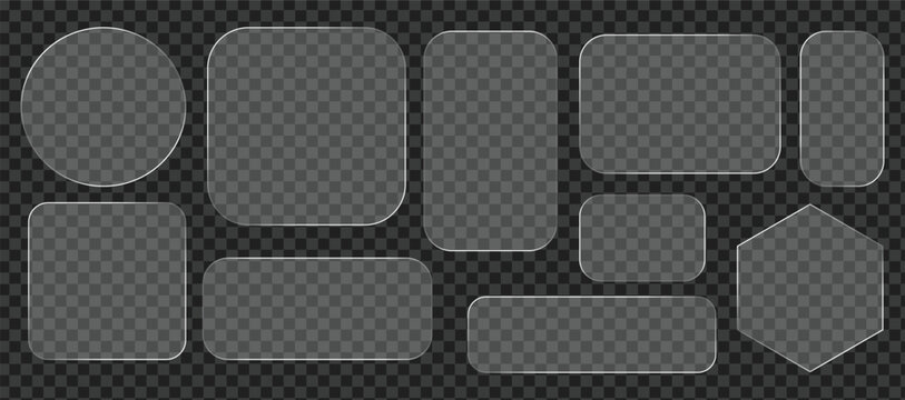 Glass morphism elements set, frosted transparent shapes with white border