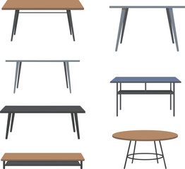 Collection of modern table illustrations, minimalist furniture set, dining and coffee table designs, wooden and metal tables, flat interior decor graphics © MdAhasan