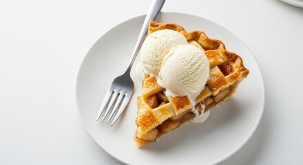 A slice of apple pie with three scoops of vanilla ice cream on a white plate with a fork.