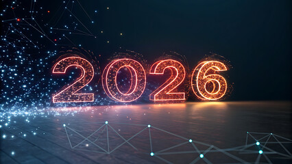 Digital glowing numbers 2026 concept with abstract technology particles