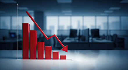 A red arrow pointing downwards on a red bar graph in an office setting.
