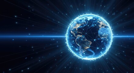 A glowing blue planet Earth with glowing continents and cities, surrounded by a glowing blue ring of light, against a black background with stars.