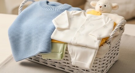 Baby clothes, including a light blue sweater, a cream-colored romper, and a lime-green garment, are neatly organized in a white wicker basket.
