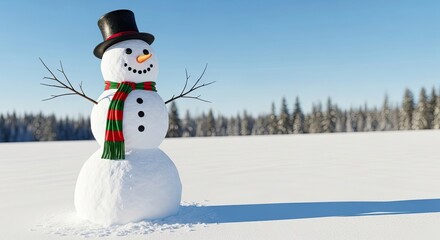 Obraz premium A snowman with a red and green scarf and a black hat, standing in a snowy field with a clear blue sky in the background.