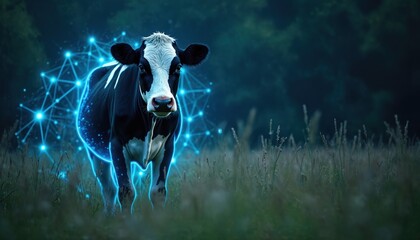 Black and white cow stands in a field with a glowing blue digital network overlay. This signifies advancements in animal farming and genetics with AI.