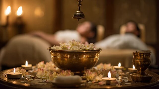 Spa ritual with candles and golden bowl