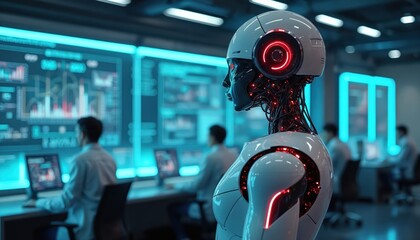 Advanced humanoid robot monitors computer data screens in futuristic control room. Humans work nearby analyzing complex charts and graphs on glowing monitors. Future tech concept.