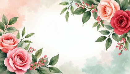 Watercolor border design with pink and red roses, green leaves, and small red berries. Soft pastel wash background for invites, cards, or art projects, botanical floral theme.