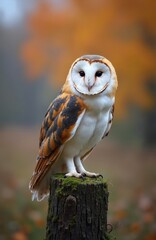 Barn owl perched on mossy tree stump. White feathered face with dark eyes. Autumn foliage in soft focus background. Bird of prey looks alertly.