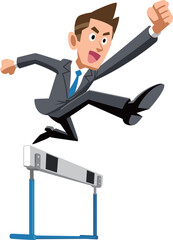 ハードルを飛び越えるスーツ姿の男性