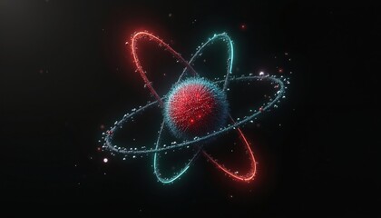 Red core atom model spins with blue orbit rings. Energy particles pulse and glow. Scientific illustration shows nucleus, electrons, protons. Abstract science concept with glowing elements.