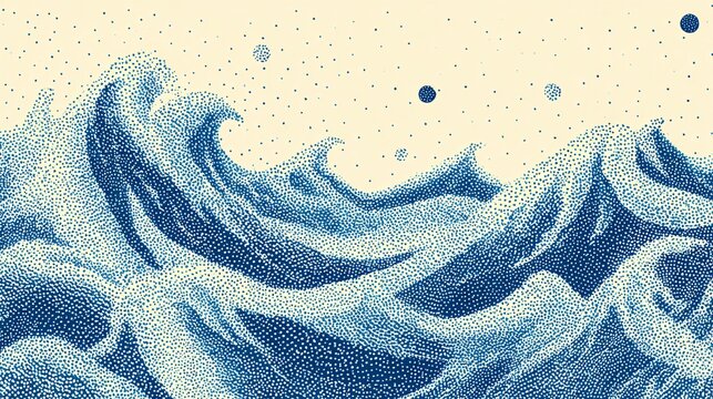 Blue ocean waves illustration with a beige sky and a few dark dots.