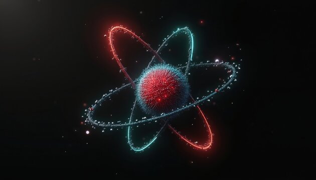 Red core atom model spins with blue orbit rings. Energy particles pulse and glow. Scientific illustration shows nucleus, electrons, protons. Abstract science concept with glowing elements. - Powered by Adobe
