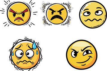Naklejka premium Hand-drawn vector set of five expressive yellow cartoon emojis depicting intense emotions like anger, anxiety, confusion, and suspicion for communication and design projects.