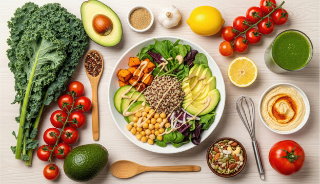 A colorful salad bowl with a variety of fresh vegetables, including kale, avocado, tomatoes, and quinoa, surrounded by various fruits and vegetables on a wooden table. - Powered by Adobe