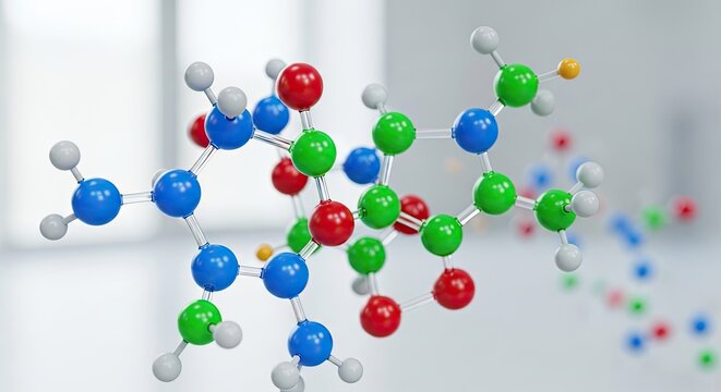 A molecular structure of a complex molecule with multiple colored spheres representing atoms and bonds. - Powered by Adobe